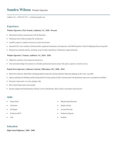 Winder Operator Resume
