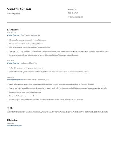Winder Operator Resume