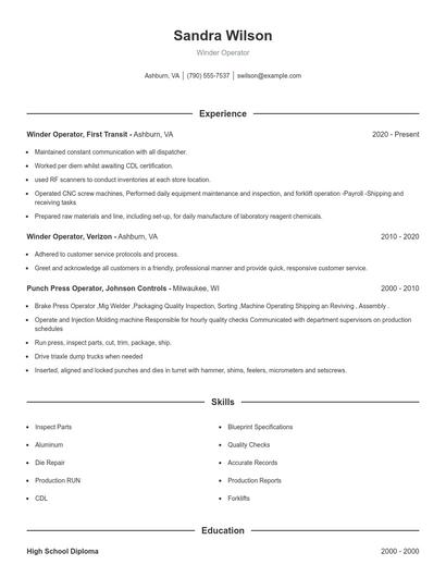 Winder Operator Resume