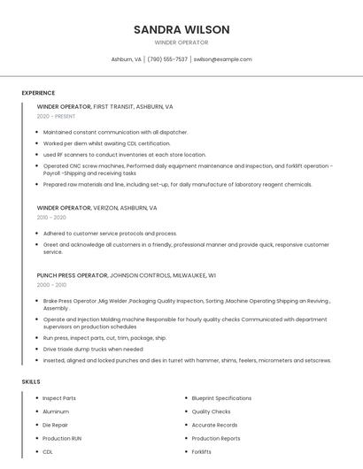 Winder Operator Resume