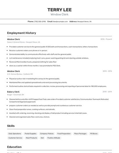 Window Clerk Resume