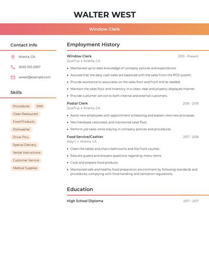 Window Clerk Resume