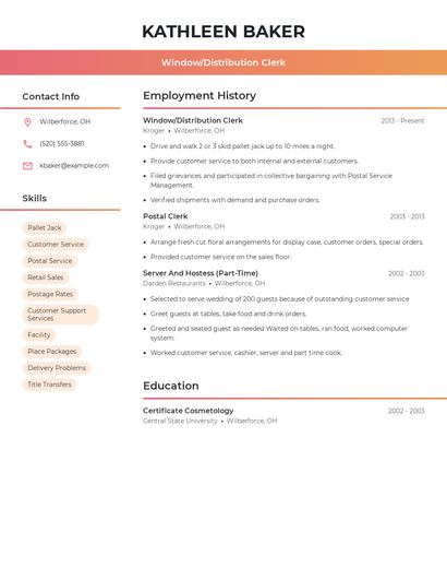 Window/Distribution Clerk Resume