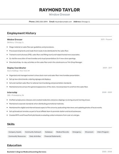 Window Dresser Resume