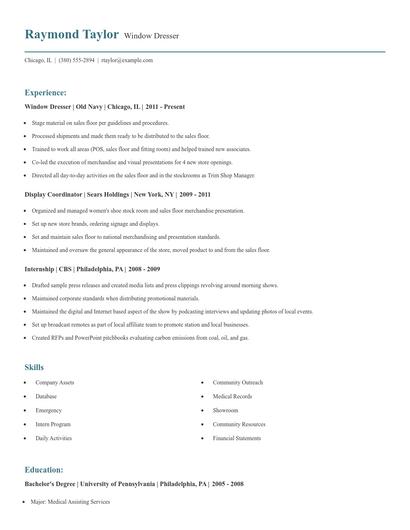 Window Dresser Resume