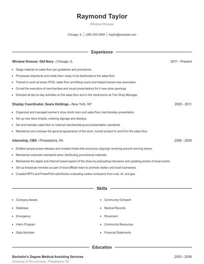 Window Dresser Resume
