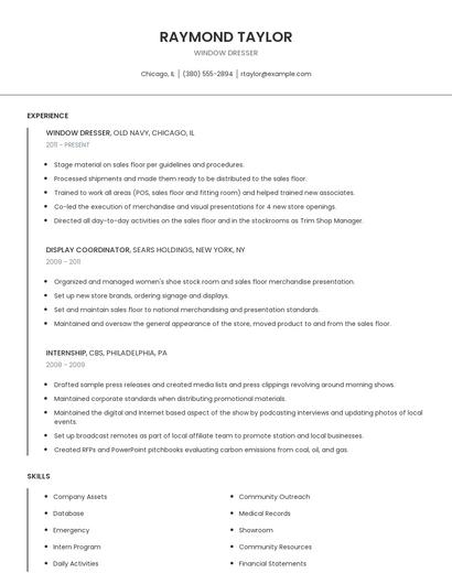 Window Dresser Resume