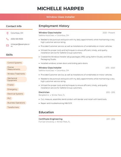 Window Glass Installer Resume