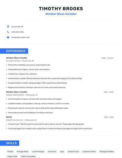 Window Glass Installer Resume