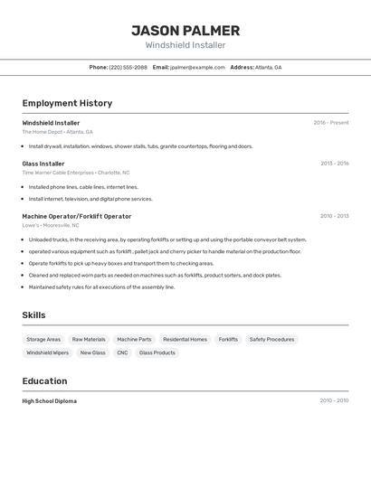 Windshield Installer Resume
