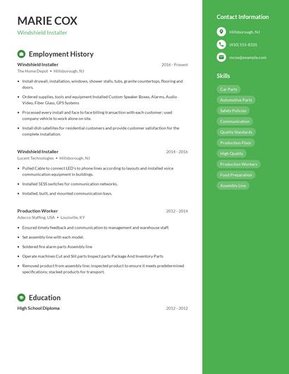 Windshield Installer Resume