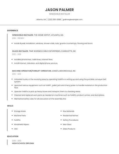 Windshield Installer Resume