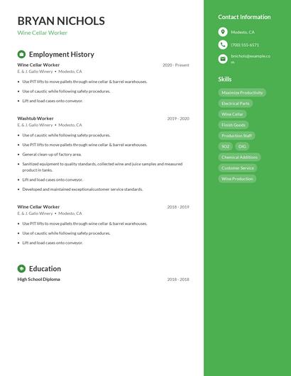 Wine Cellar Worker Resume