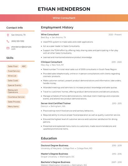 Wine Consultant Resume