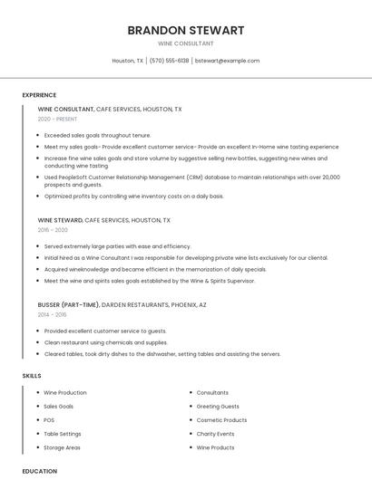Wine Consultant Resume