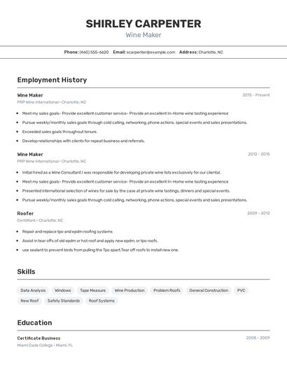 Wine Maker Resume