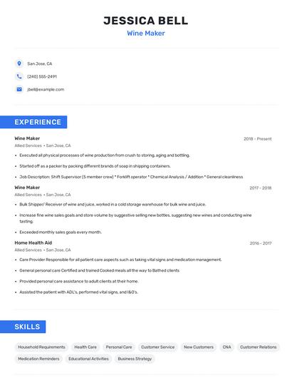 Wine Maker Resume