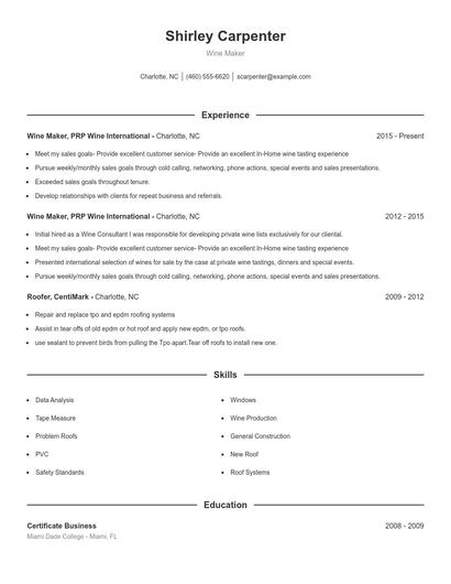 Wine Maker Resume