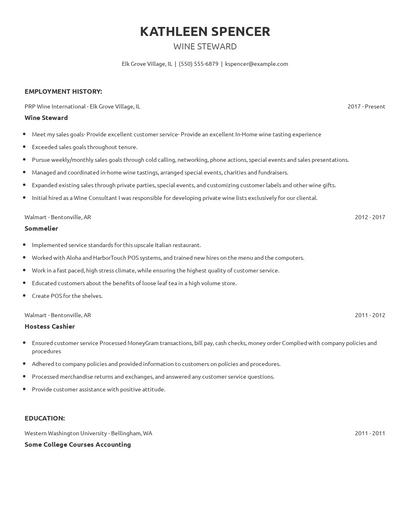 Wine Steward Resume