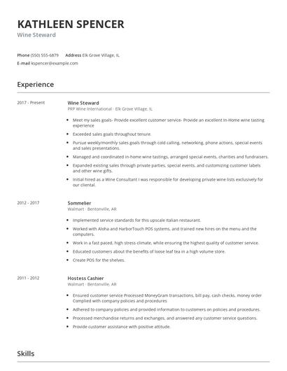 Wine Steward Resume