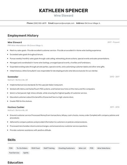 Wine Steward Resume