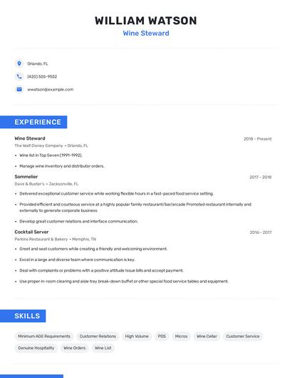Wine Steward Resume