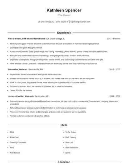 Wine Steward Resume
