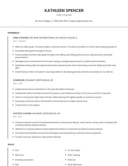 Wine Steward Resume