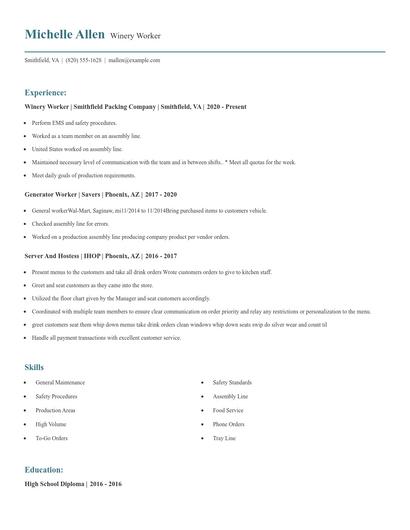 Winery Worker Resume