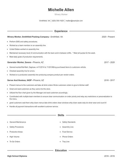 Winery Worker Resume