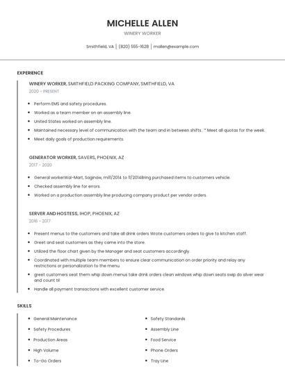 Winery Worker Resume