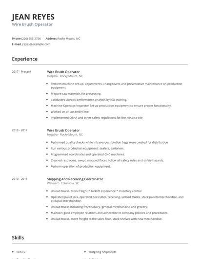 Wire Brush Operator Resume