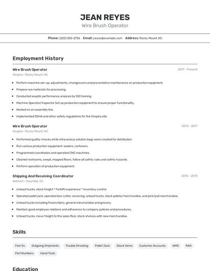 Wire Brush Operator Resume