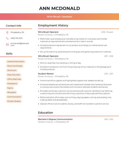 Wire Brush Operator Resume