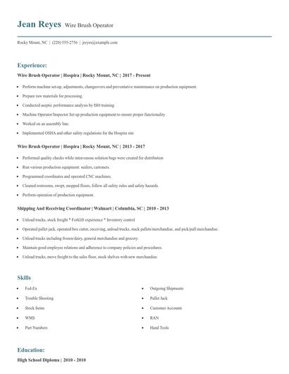 Wire Brush Operator Resume