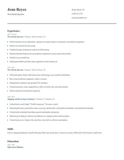Wire Brush Operator Resume