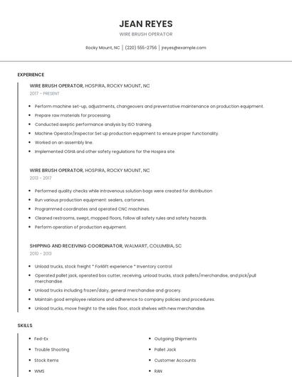 Wire Brush Operator Resume