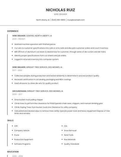Wire Drawer Resume