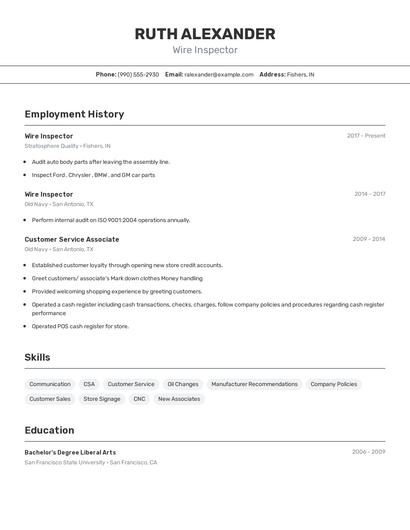 Wire Inspector Resume
