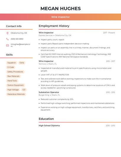 Wire Inspector Resume