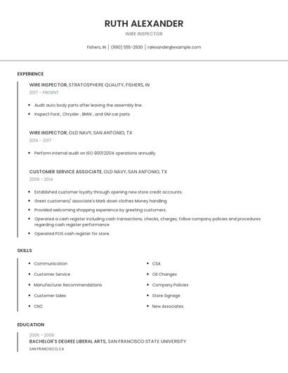 Wire Inspector Resume