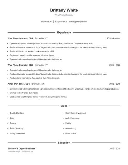 Wire Photo Operator Resume