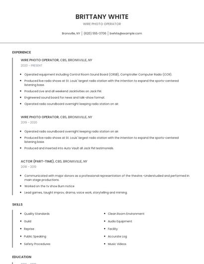 Wire Photo Operator Resume