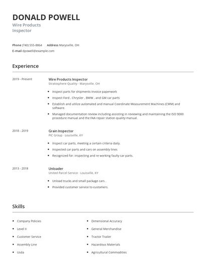 Wire Products Inspector Resume