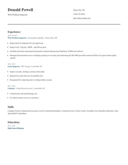 Wire Products Inspector Resume
