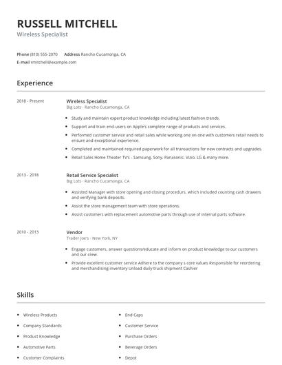 Wireless Specialist Resume