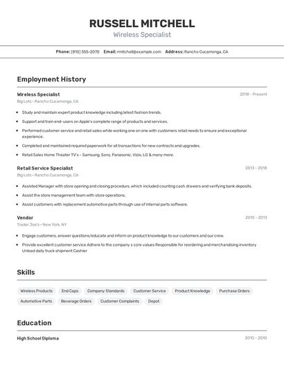 Wireless Specialist Resume