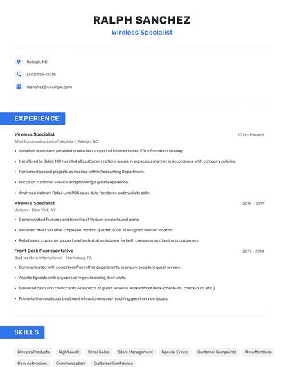 Wireless Specialist Resume
