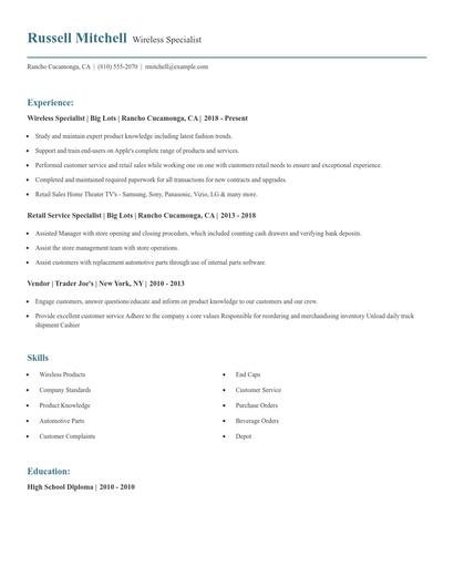 Wireless Specialist Resume