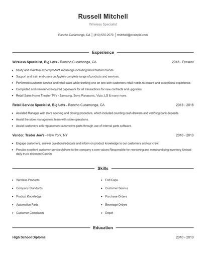 Wireless Specialist Resume